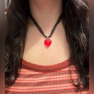 Red Glass Heart Pendant On Black Adjustable Ribbon Necklace Brand New Small